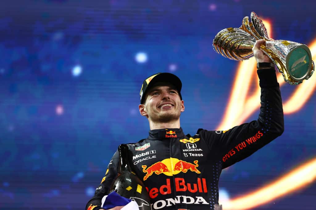 Max Verstappen celebrates on the podium