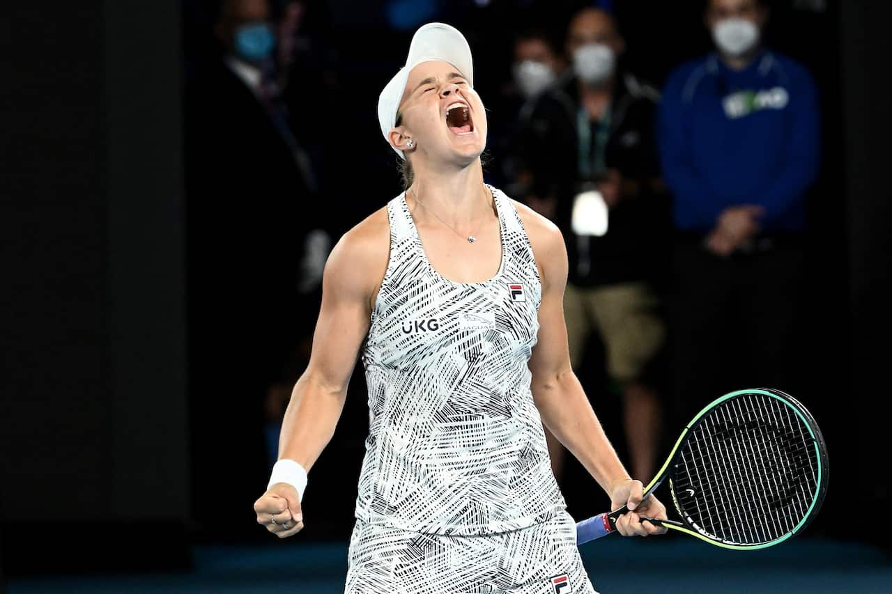 Ash Barty celebrates match point in her match against Danielle Collins. 