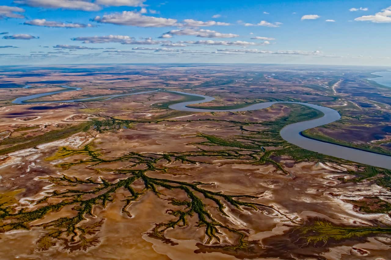 A birds eye view of the delta looking west from the Karumba township in the Gulf of Carpentaria, in Far North Queensland.
