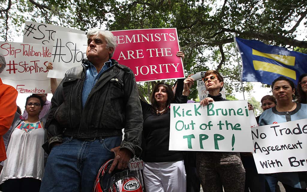 Jay Leno participates in a rally to protest punishment of women and gay people announced by the Sultan of Brunei.