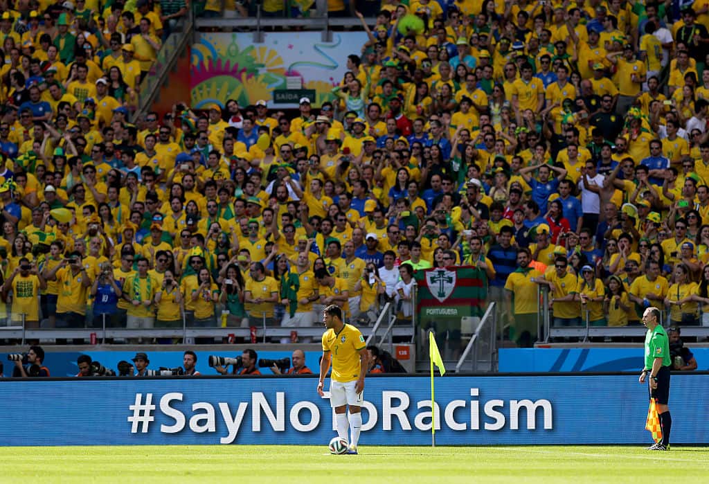 An anti-racism banner at the 2014 World Cup in Brazil. 