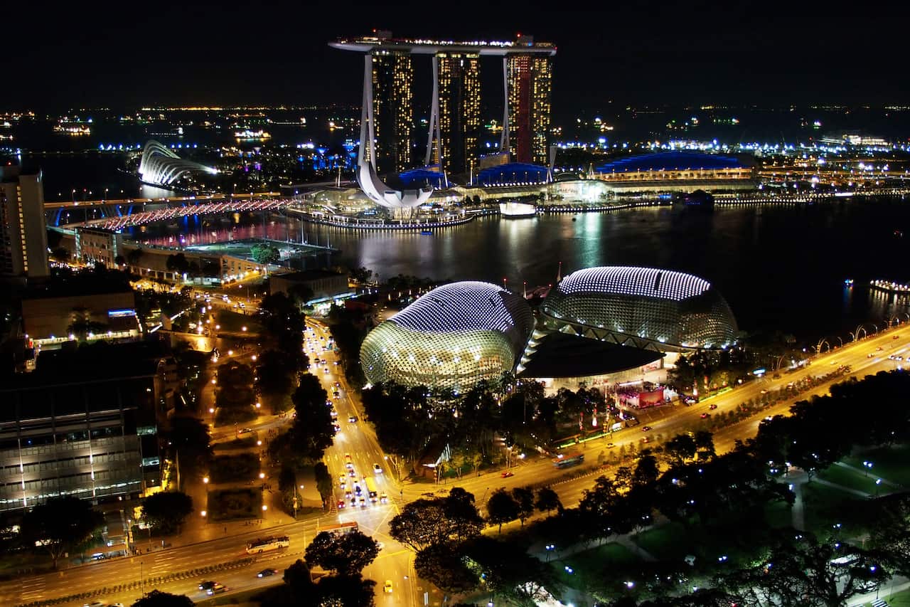 Marina Bay Sands Hotel, Theatres on the bay, by night, taken from the 39th floor of the Swissotel The Stamford, Singapore, 23.02.13 (Photo by Dagmar Scherf/ullstein bild via Getty Images)