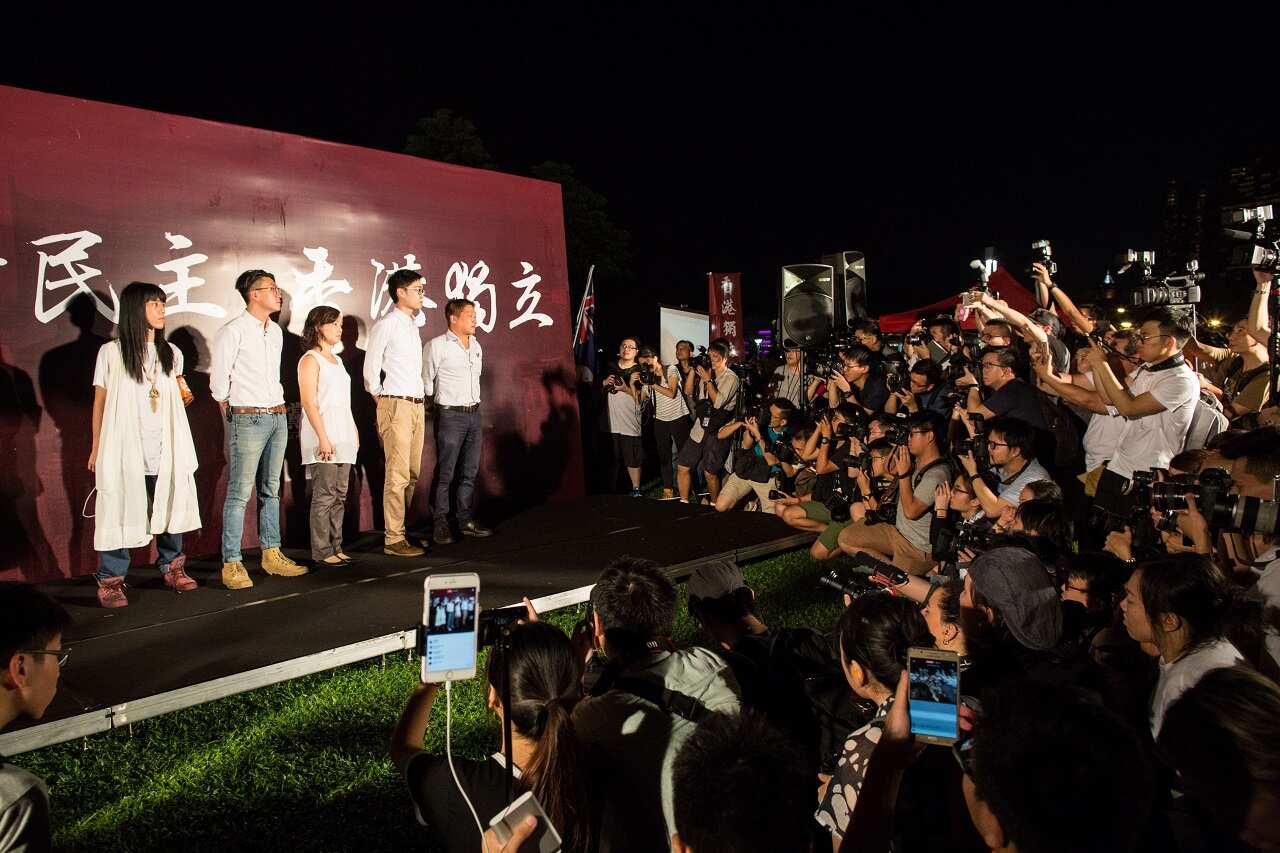 Nakade Hitsujiko, Edward Leung, Alice Lai, Andy Chan Ho-tin and James Chan Kwok-keung at a rally near in Hong Kong on August 5, 2016.