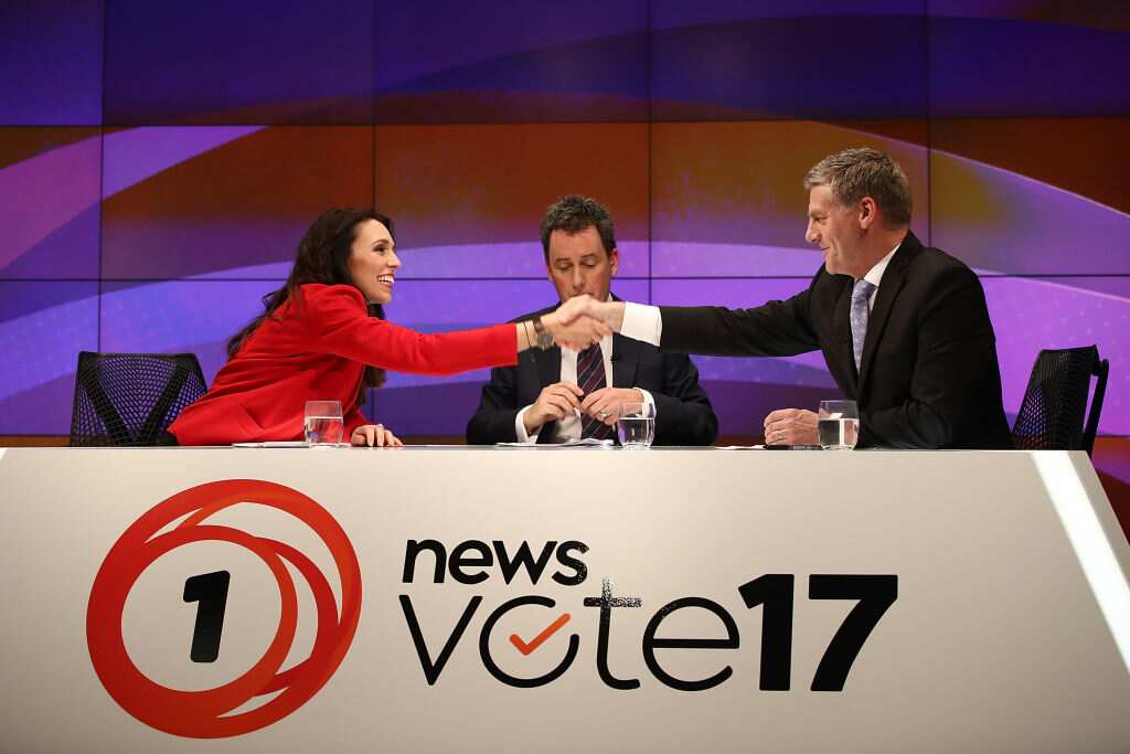 Jacinda Ardern, left, and Bill English, right, during a TV debate ahead of the September 23 election.