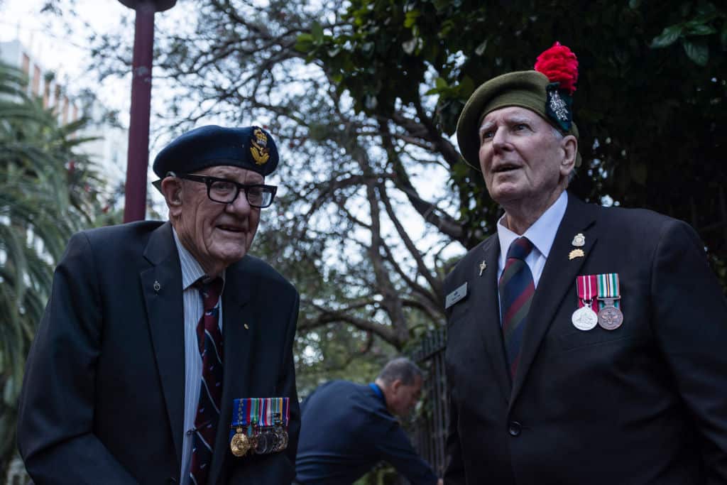 eterans Norton Duckmanton (L) and Kevin Kram during commemorations for the centenary of the Australian Light Horse Charge at the Battle of Beersheba