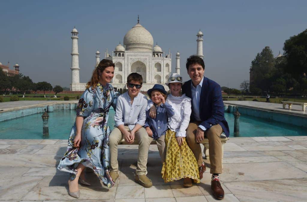 Prime Minister of Canada Justin Trudeau, his wife Sophie Gregoire and their children pose for a photograph during their visit to Taj Mahal in Agra on February 18, 2018.