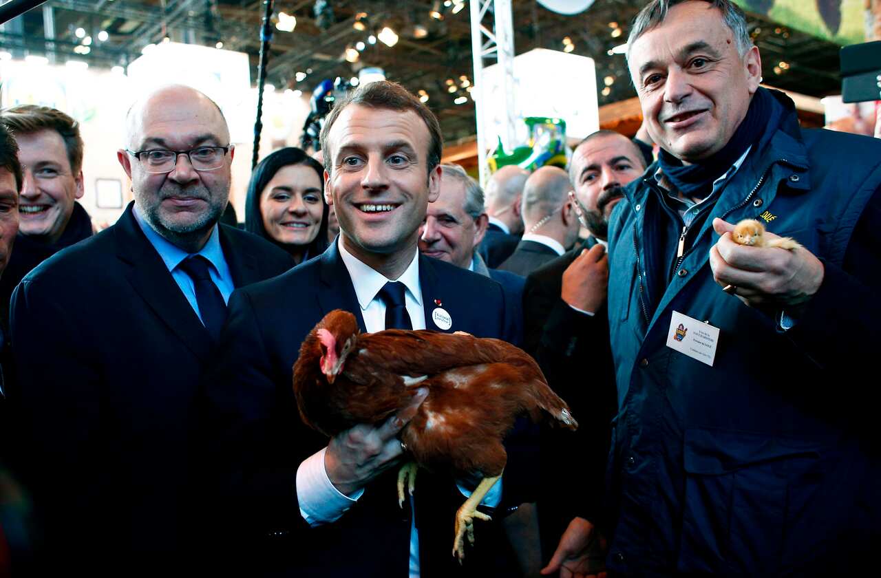 French President Emmanuel Macron holds a rooster given by MD of Loue farmers Yves de la Fouchardiere as he visits the 55th International Agriculture Fair, 2018.