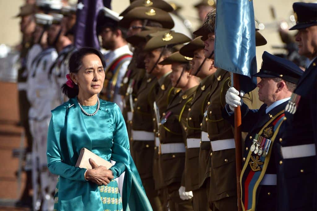 Myanmar's State Counsellor Aung San Suu Kyi receives an official welcome on the forecourt during her visit to Parliament House in Canberra in 2018