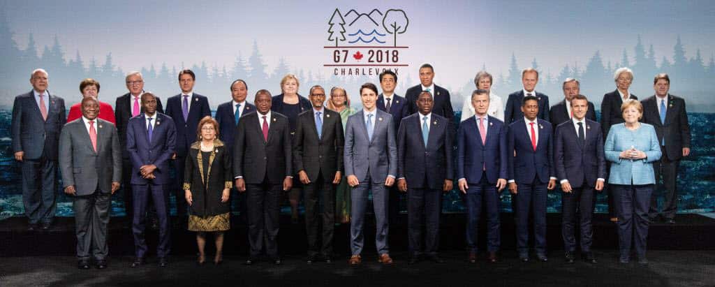 Leaders pose for a group photo during day two of G7 Summit on 9 June, 2018 in La Malbaie, Canada. Prime Minister Justin Trudeau is front centre. 