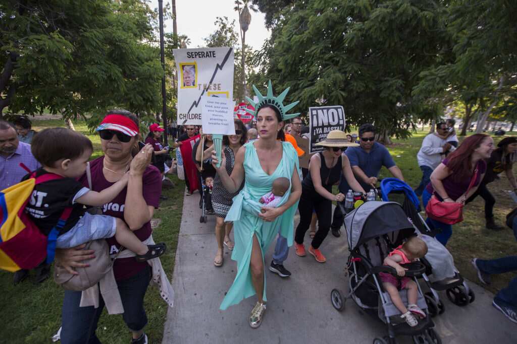 People protest the Trump administration policy of removing children from parents arrested for illegally crossing the U.S.-Mexico border on June 14, 2018 in Los Angeles, California.