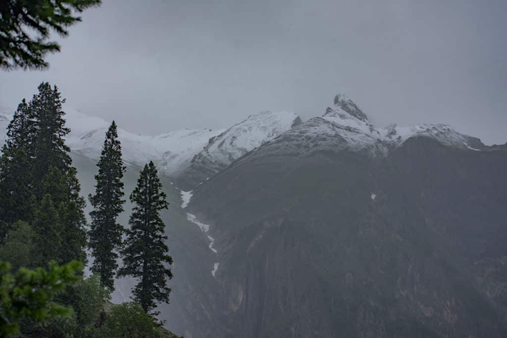 Fresh snow covering the mountains in Baltal, 125 km east of Srinagar the summer capital of Indian administered Kashmir, India.