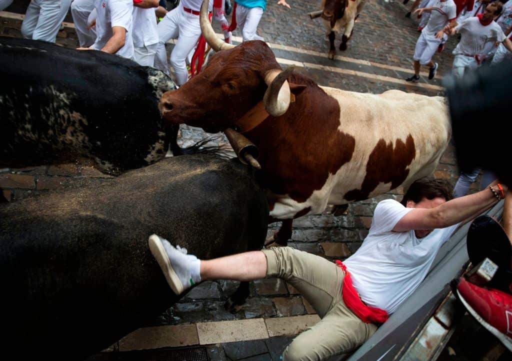 Participants on the first day of the San Fermin bull run festival in Pamplona, northern Spain on July 7, 2018. 