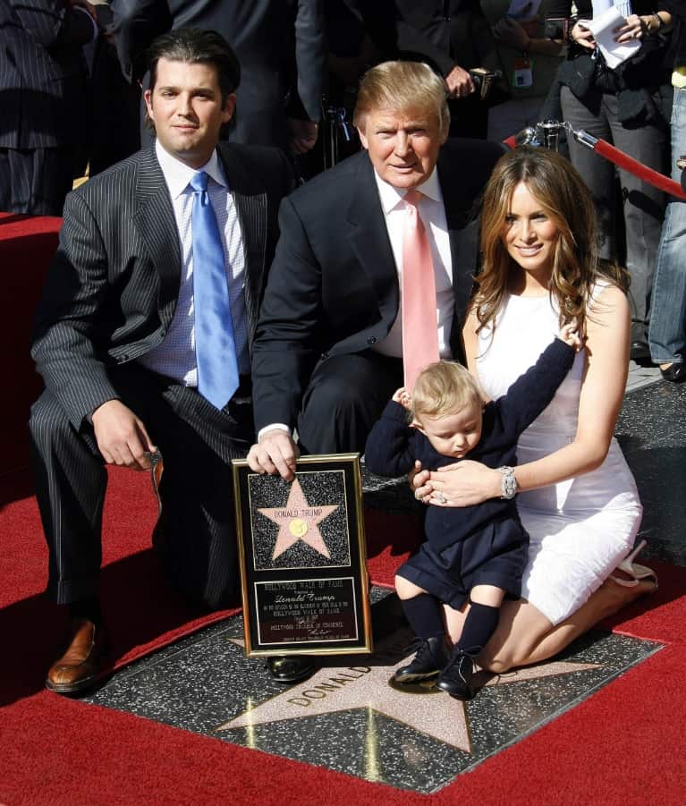 Donald Trump, with his son Baron Trump and Melania Trump, receiving a star on the Hollywood Walk of Fame in 2007.