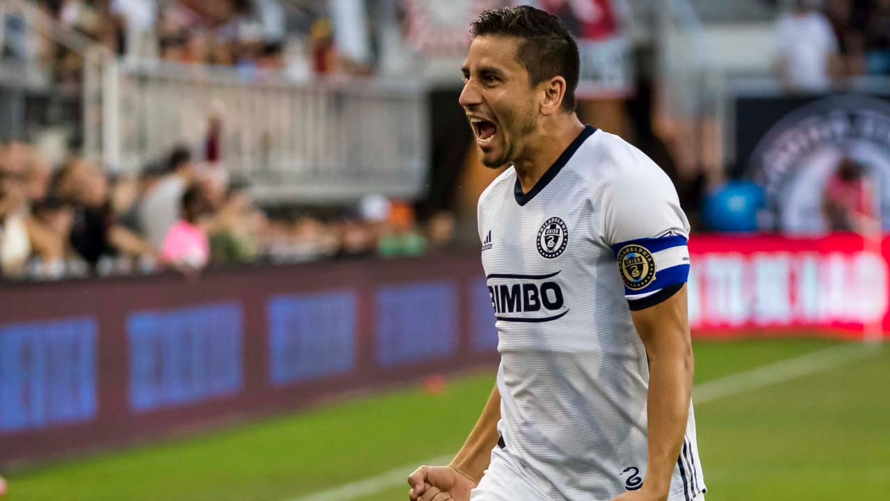 Philadelphia Union midfielder Alejandro Bedoya (11) celebrates after scoring a goal against the DC United.