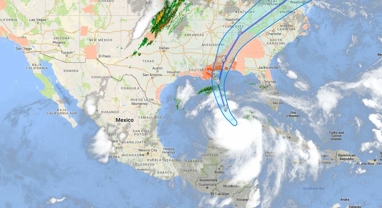 A Google Satellite image of Hurricane Nate's expected path.