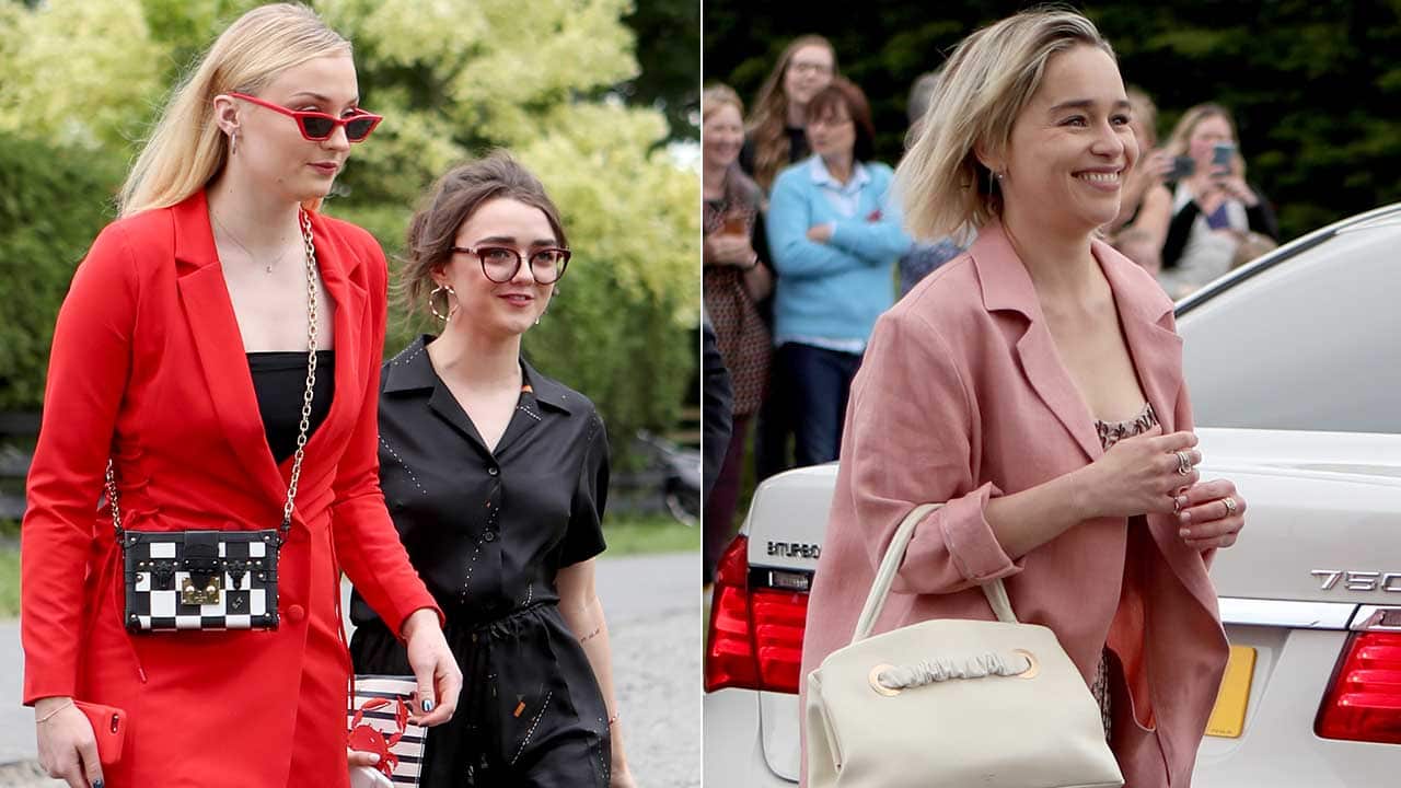 Actresses Sophie Turner (left), Maisie Williams and Emilia Clarke arrive at the church.