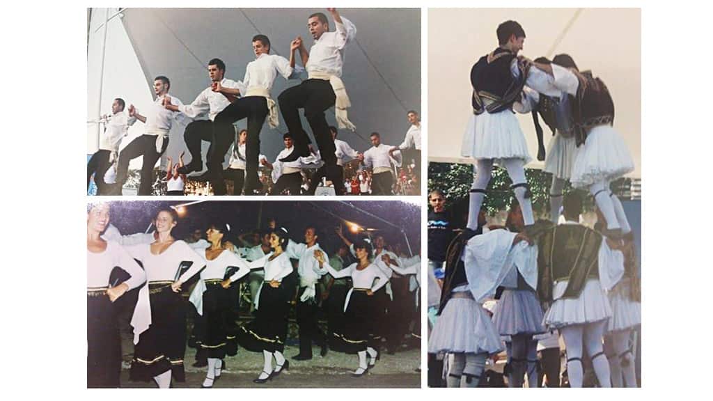 Clockwise from top left, the boys in action performing a Cretan dance, Paroula's traditional male dancers form a human pyramid as part of an ancient war dance, Paroula's daughter Nicole (with red hair) and the group on their tour of Greece. (Supplied)