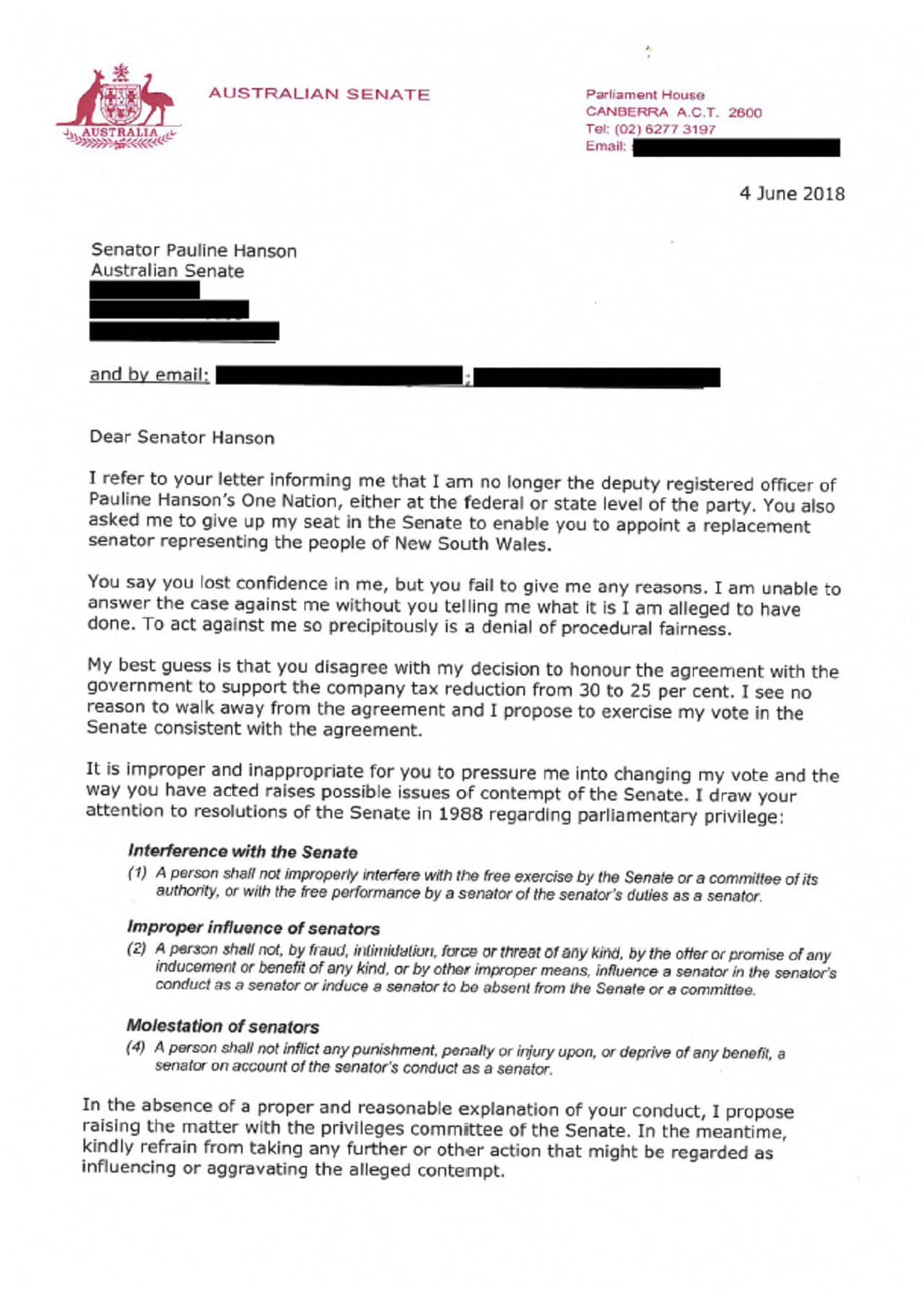 The letter Brian Burston sent Pauline Hanson.