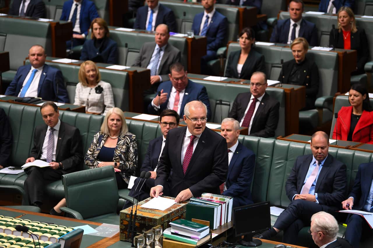 Prime Minister Scott Morrison speaks during the Condolence motion for the late former Australian Prime Minister Bob Hawke in the House of Representatives