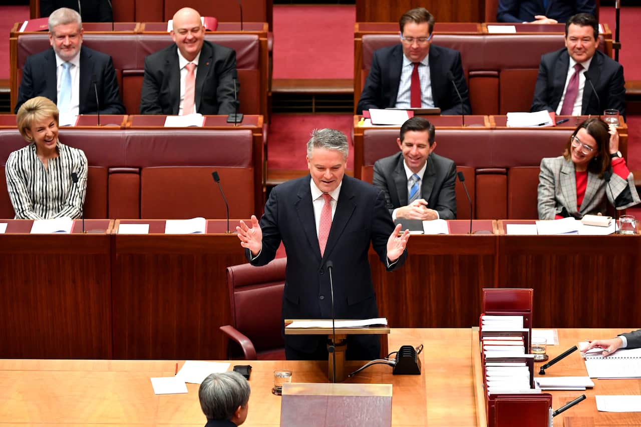 Senator Mathias Cormann delivers a condolence motion for former Australian Prime Minister Bob Hawke in the Senate at Parliament House in Canberra, Wednesday, 3 July 2019. (AAP Image/Sam Mooy) NO ARCHIVING