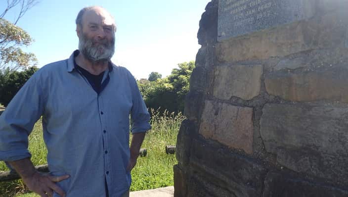 Historian Peter Gardner at the Bairnsdale McMillan monument