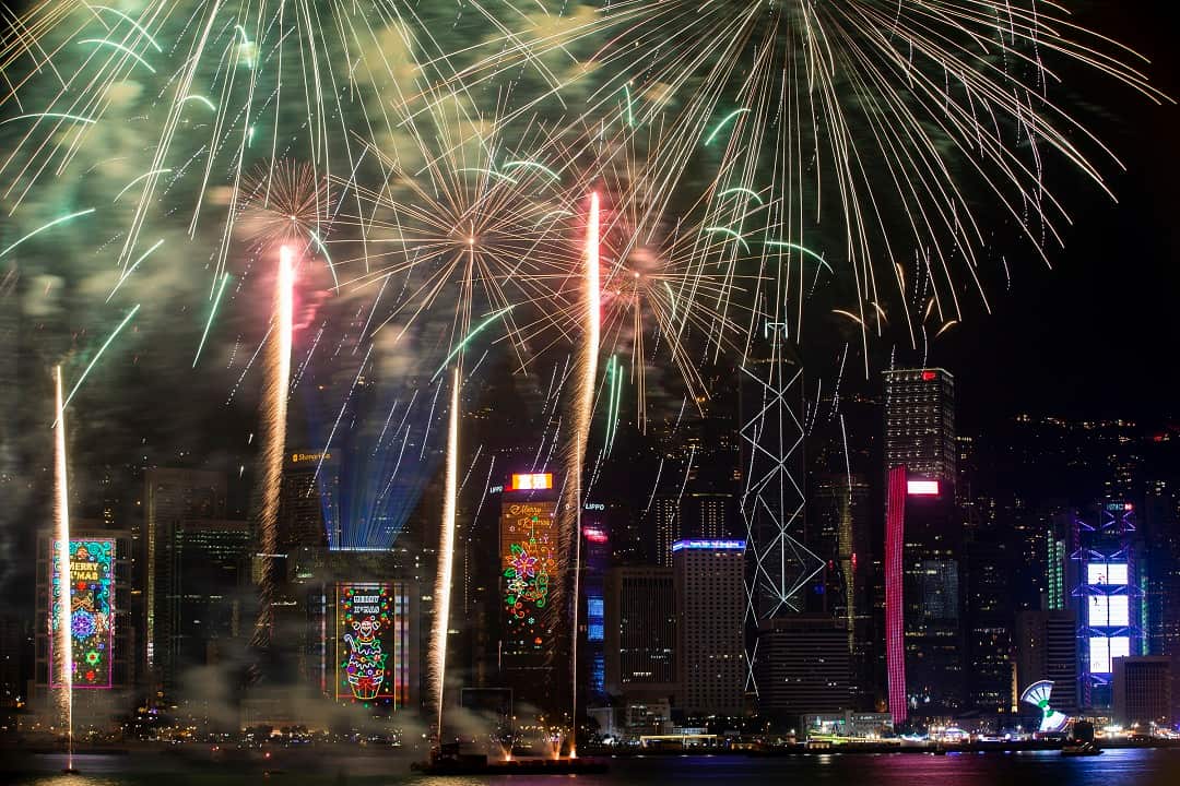 Fireworks light up Hong Kong's iconic skyline.
