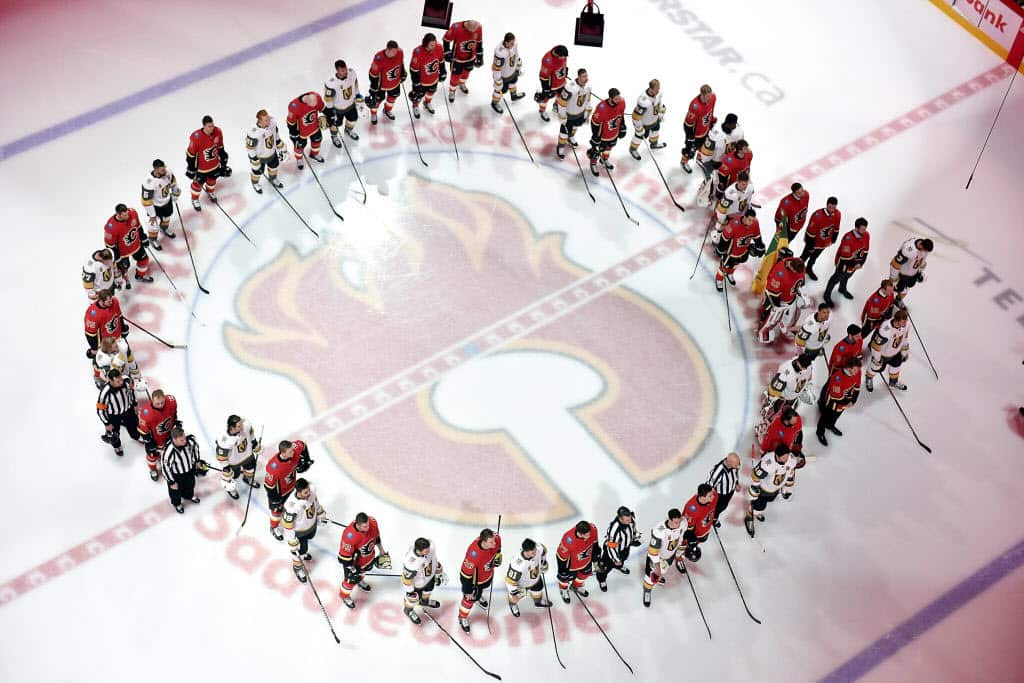 The Calgary Flames and the Vegas Golden Knights honour the victims of the Humboldt Broncos bus crash before an NHL game on April 7, 2018.