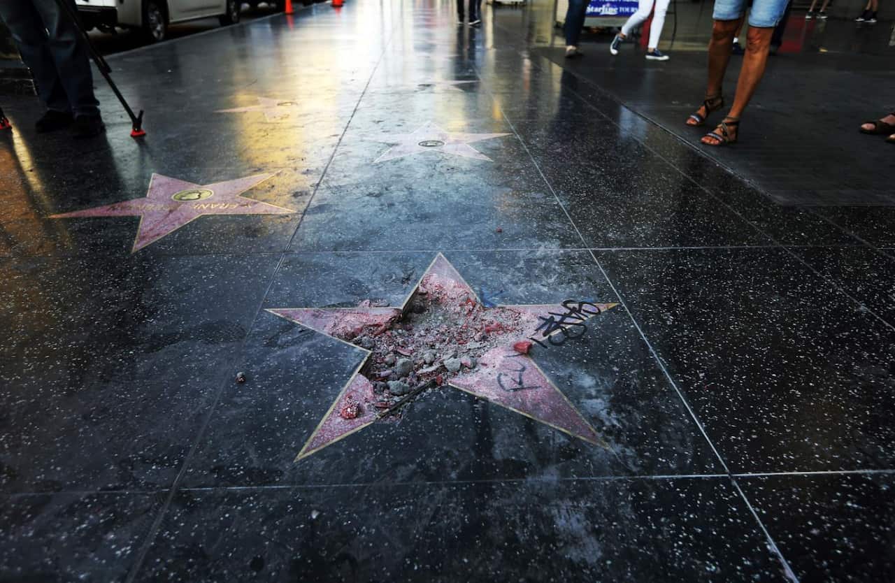 This photo shows Donald Trump's star on the Hollywood Walk of Fame that was vandalised Wednesday, July 25, 2018
