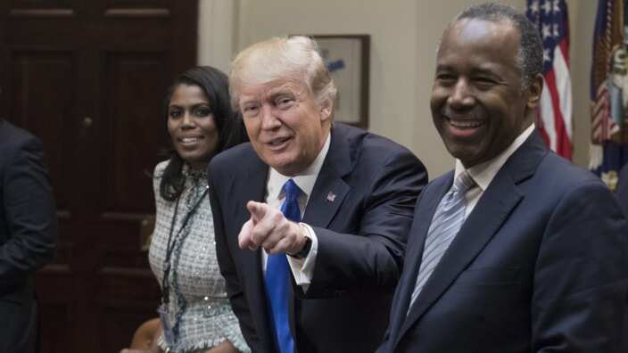 President Donald Trump holds an African American History Month listening session with  Ben Carson and Omarosa Manigault Newman.