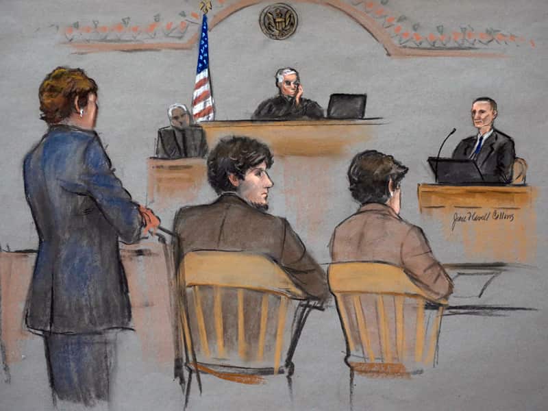 A courtroom sketch of Bill Richard (R) testifying in Boston