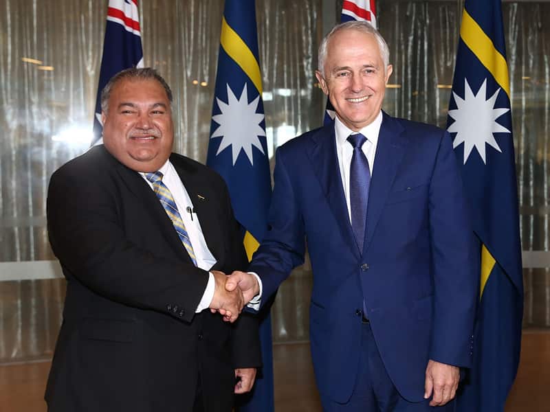 President of Nauru Baron Waqa (left) meets with Australian leader Malcolm Turnbull.