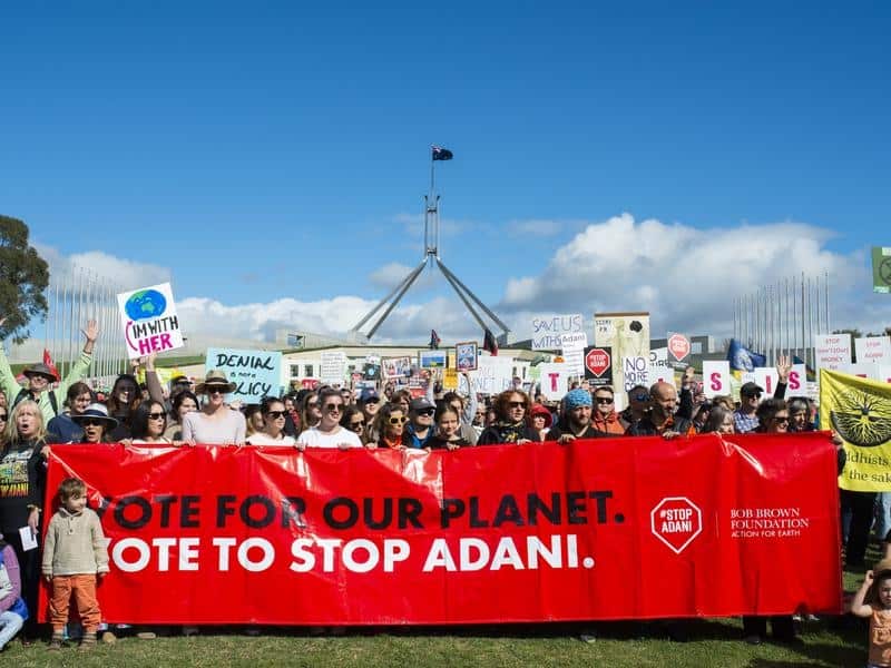 Anti-Adani protests outside Parliament House in Canberra earlier this month.