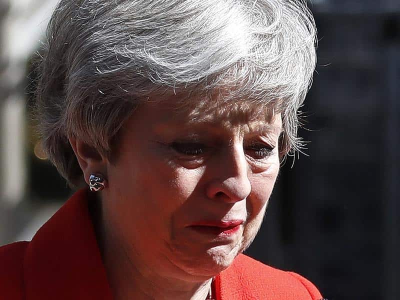 A tearful Theresa May after her resignation speech