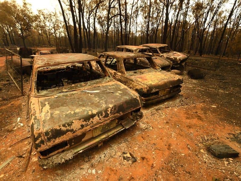 Burnt out cars at Tingha in northern New South Wales after bushfires.