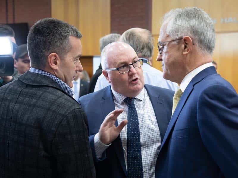 Braddon candidate Brett Whiteley speaks with Malcolm Turnbull.