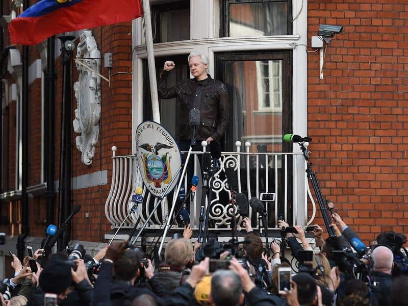 Julian Assange speaks from the balcony of the Ecuadorian Embassy.