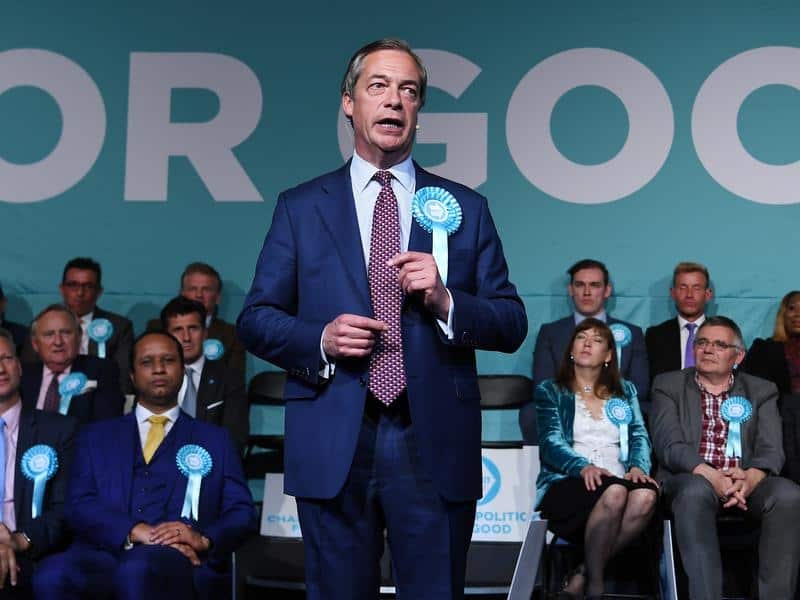 Brexit Party leader Nigel Farage delivers a speech