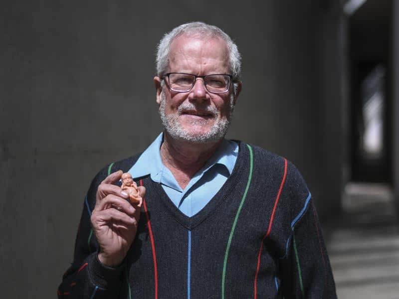 Anti-abortion activist John Preston poses with a model of a foetus