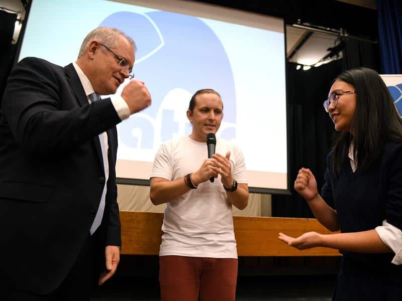 Prime Minister Scott Morrison with students in Sydney.