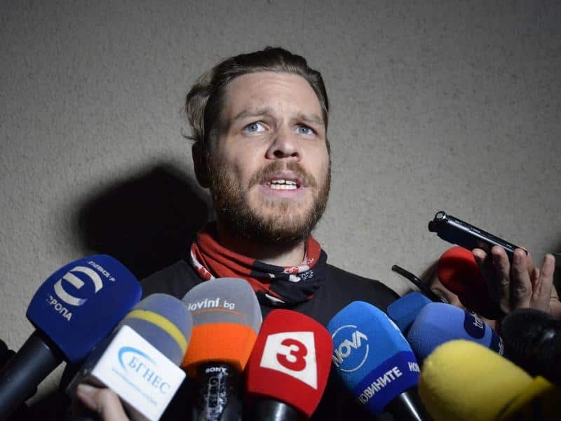 Jock Palfreeman is pictured speaking to journalists in Busmantsi, Bulgaria in October 2019.