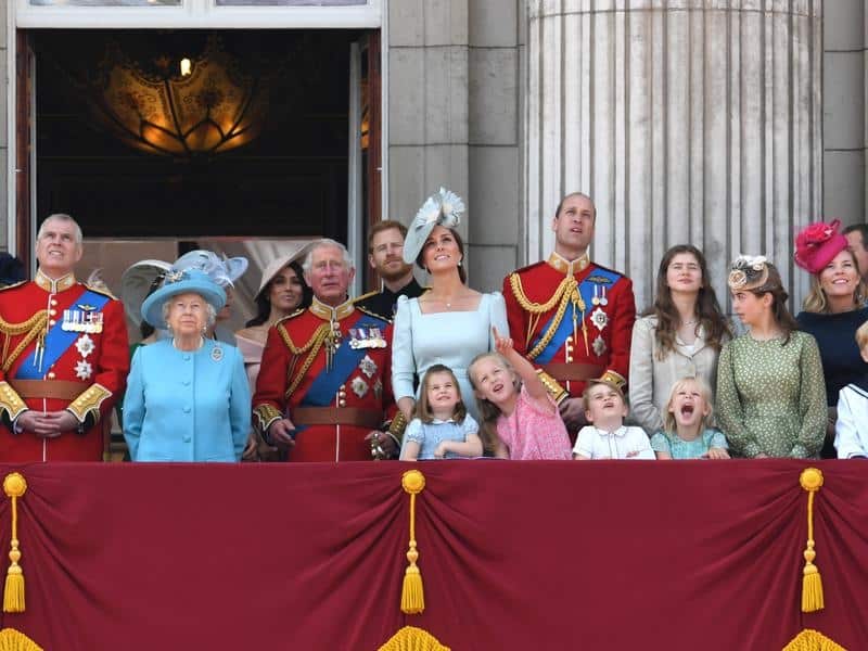 The royal family on the Buckingham Palace balcony watch the fly-past