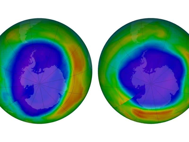 Images showing change in areas of low ozone above Antarctica