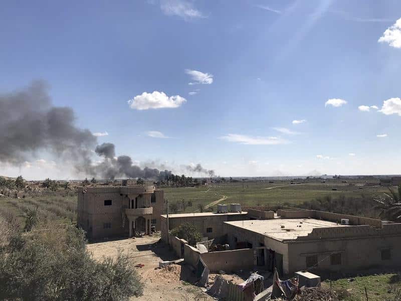 The last piece of territory held by IS militants in Baghouz has been pounded by US-backed forces. 