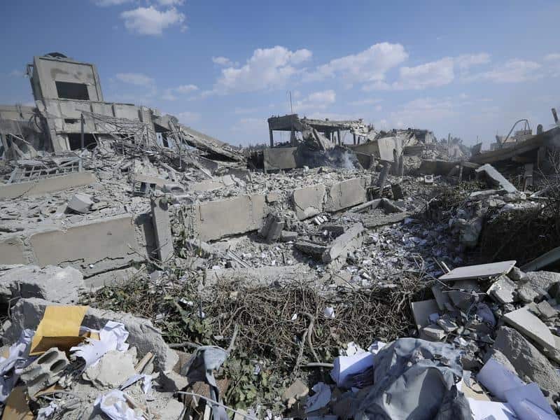 Debris surrounds the Syrian Scientific Research Center in Damascus