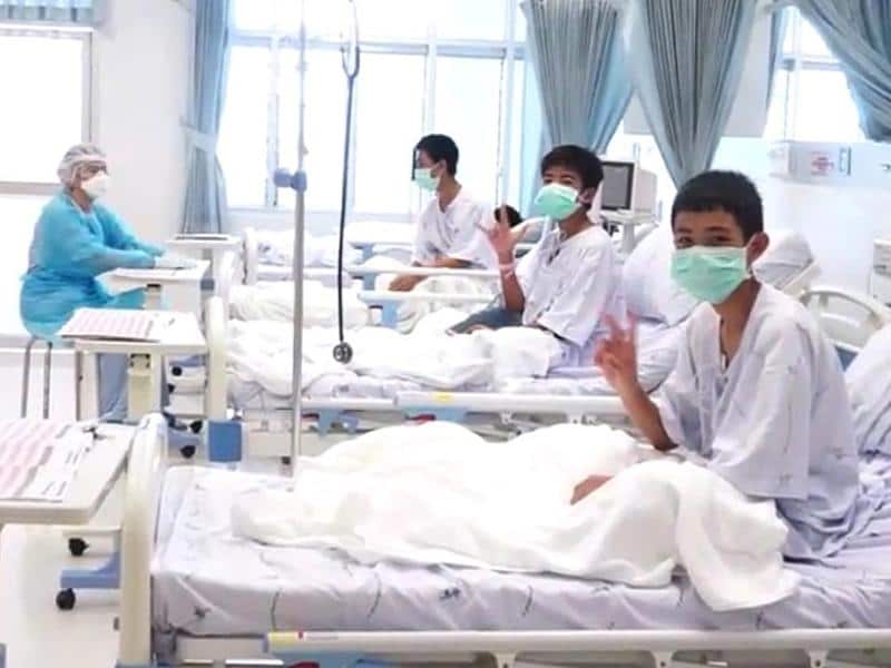 The "Wild Boars" soccer team recovering in hospital after their ordeal, earlier this year.