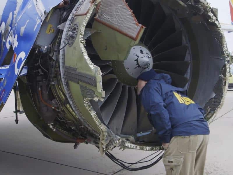 Investigators examine the exploded Southwest Airlines engine.