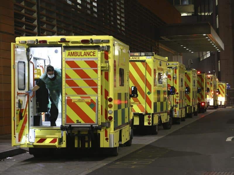 Ambulances lined up at a London hospital.