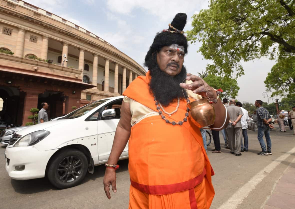 Sivaprasad, dressed as a Vishwamitra during protest in April.