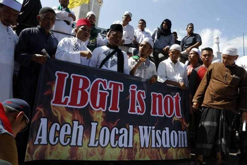 Muslim activists attend an anti-LGBT rally in Banda Aceh, Indonesia.