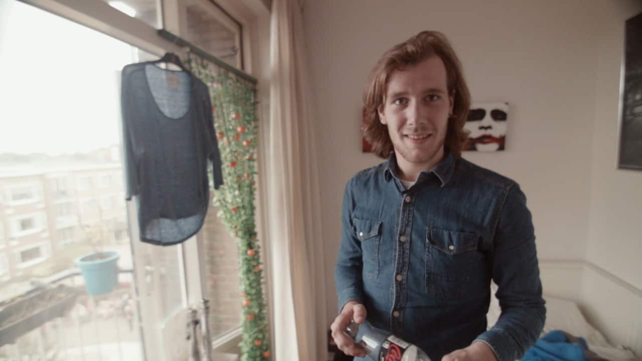 Jordi Pronk in his student room. "They whistle or wink at you or they give you a little slap on the behind," he says of his elderly housemates.